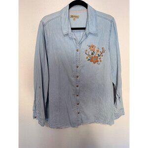 Democracy Chambray Shirt with Tan Embroidery Floral Womans 1X